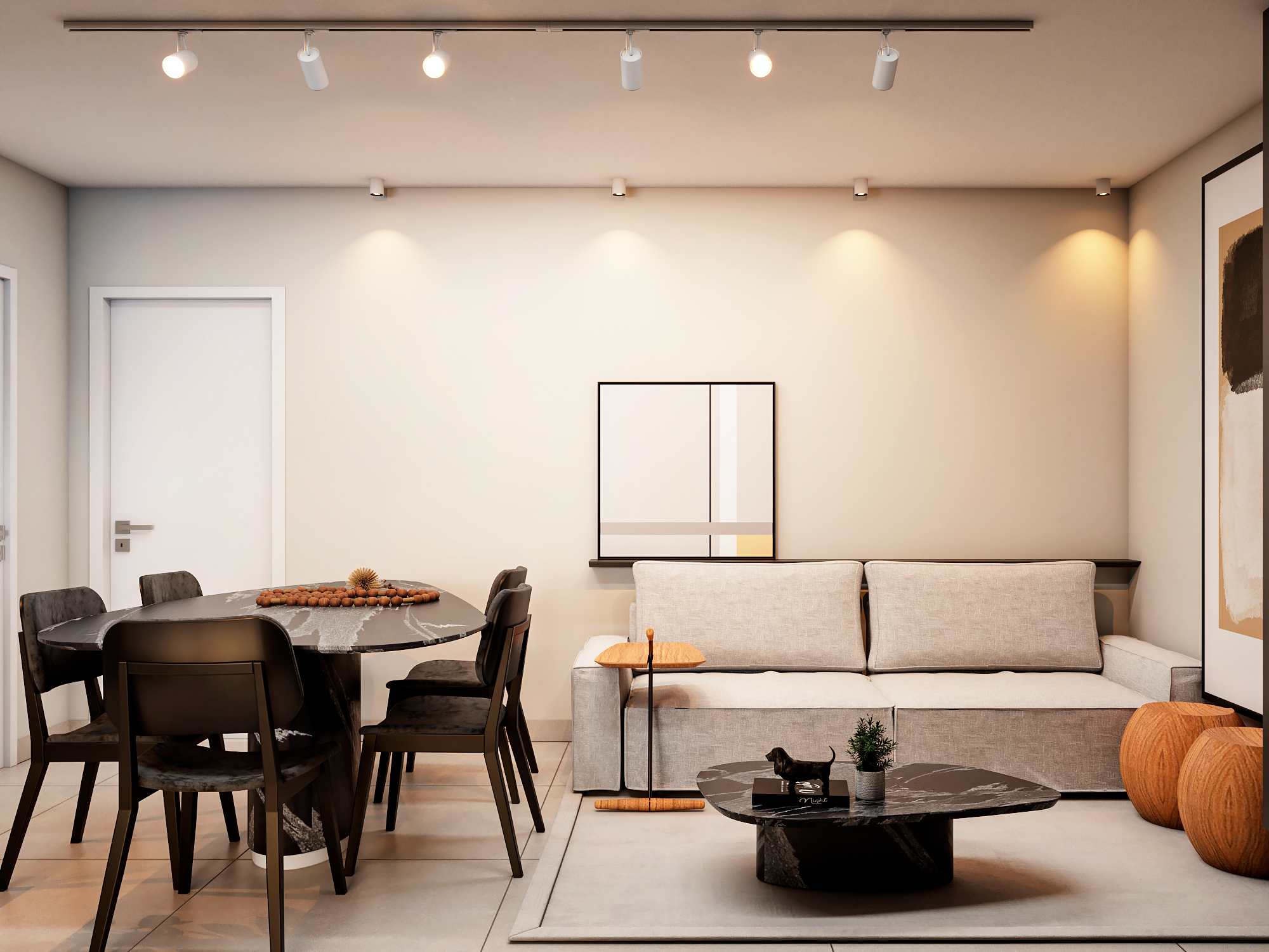 Suíte master com iluminação indireta e painel ripado